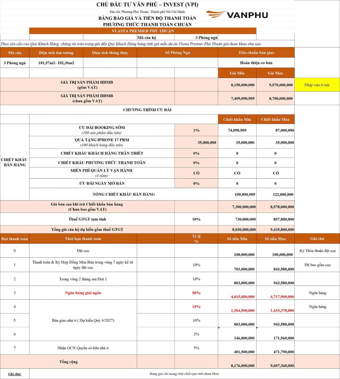 Phương thức giải ngân song song linh hoạt khi mua căn 3 phòng ngủ Vlasta Premier Phú Thuận