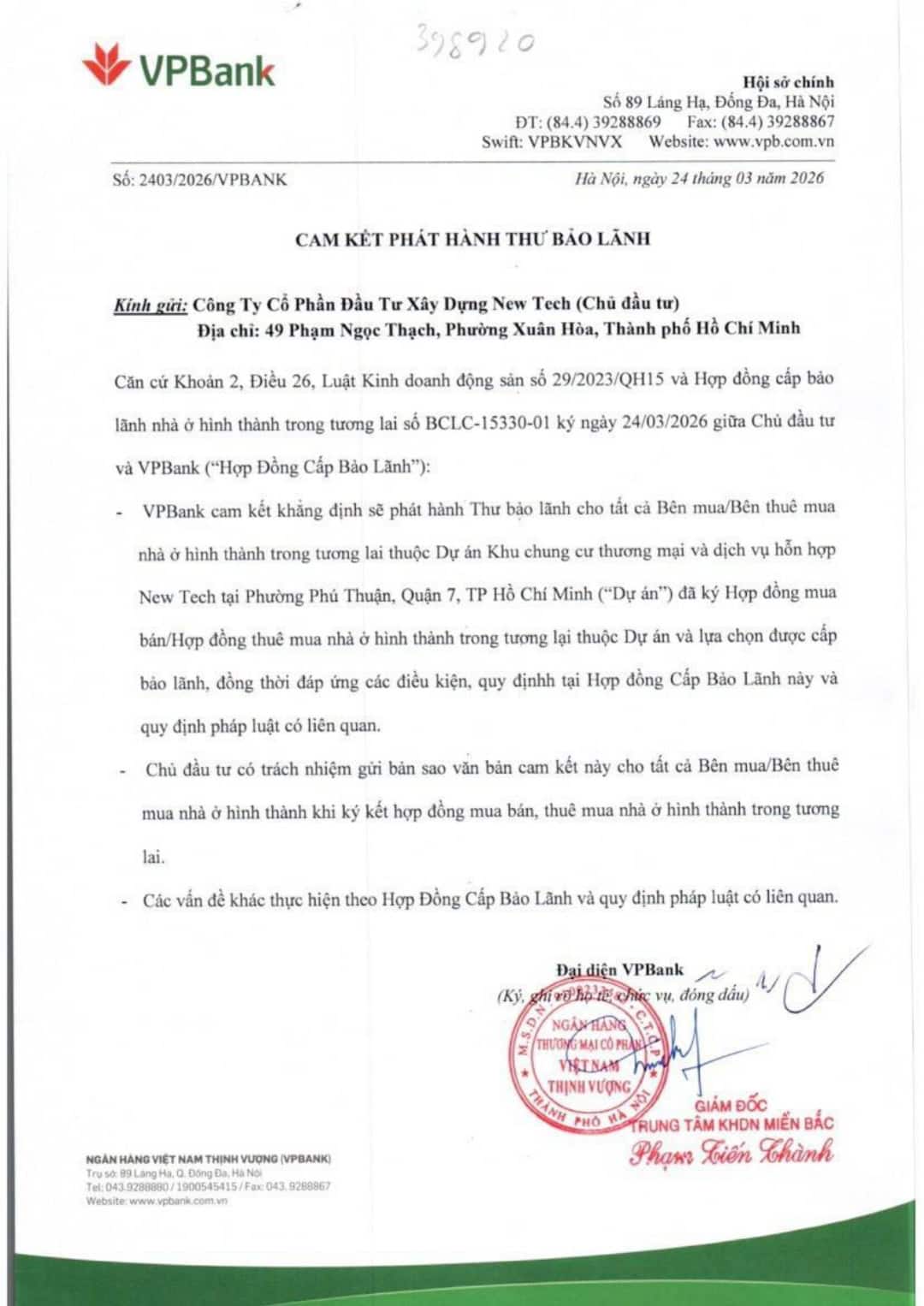 Văn bản cam kết phát hành bảo lãnh dự án New Tech từ ngân hàng VPBank
